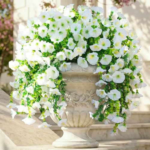 Ivydale 2 PCS Artificial Hanging Flowers Fake Plants for Winter Christmas Outdoor Faux Silk White Morning Glory with Eucalyptus UV Resistant Realistic Hanging Petunias Vines for Home Garden Decor