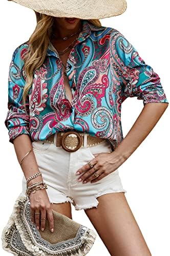 OYOANGLE Women's Casual Boho Paisley Print Blouse Long Sleeve Button Down Shirt Top Multicoloured M