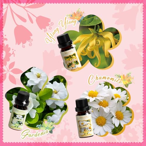 SALKING Bloemen etherische oliën set, aromatherapie geurolie cadeauset, pure geuroliën voor diffusers en luchtbevochtigers, 6x10 ml (lavendel, kersenbloesem, gardenia, roos, ylang-ylang, kamille) - Afbeelding 5