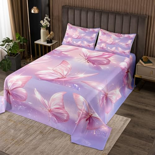 Castle Fairy Pink Butterfly Bedspread for Kids Boys,3D Watercolor Dreamy Animal Coverlet Set Bedroom Decor Soft Quilted,Butterflies Purple Oil Painting Quilt Set with 1 Pillow Sham, Twin Size