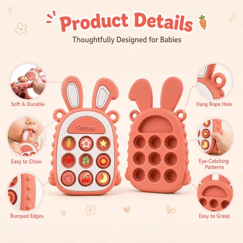 Image of Press Phone Teether for Baby Girls, Soft Silicone Teething Toy, Sensory Toy | Teething Relief, BPA-free, Freezer, for Baby 3 Months+, Cute Rabbit Design with Textures and 9 Patterns, Press & Pop for Fun!