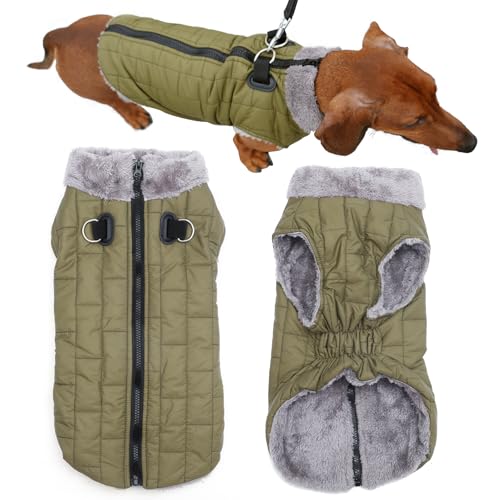 Warm Fleece Dog Coats with Durable Harness Buitl in D-Ring,Waterproof Puppy Jacket for Small Dogs,Dog Vest for Cold Winter,Green S