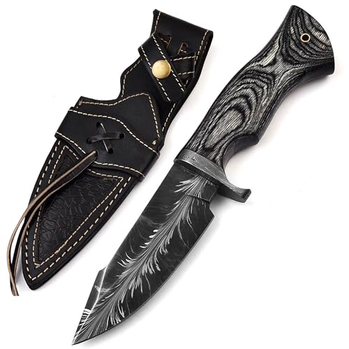 Armory Replicas™ - Damascus Steel Cindered Crown Feather Black Pakkawood Hunting Knife with Hand-Tooled Leather Sheath Outdoor, Survival, and Camping Gear