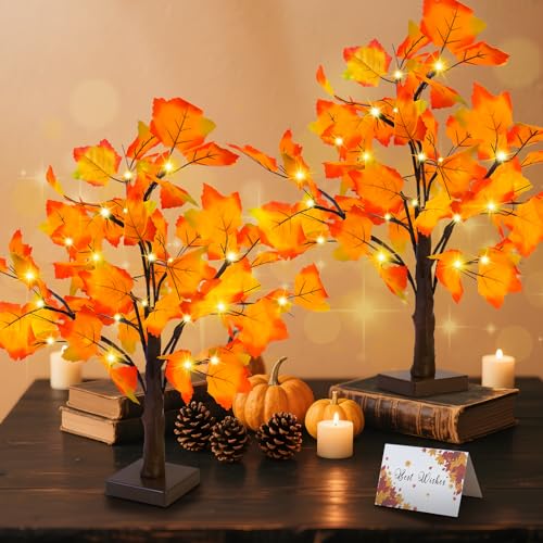 Fall Decor 2 Pack Fall Trees Artificial Lighted Maple Tree Thanksgiving Decor 48 LED Table Fall...