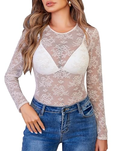 Avidlove Damen Spitze Top Mesh Bluse Elegant Oberteil Langarm Shirt Sexy Durchsehen Outfit Rundhals-Ausschnitt