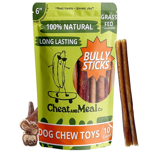 Cheat and Meal Co Bully Sticks for Medium Dogs, (6 Inch, 10 Count), Dog Chew Toy, Long-Lasting, 100% Grass-Fed Beef Pizzle for Medium and Large Dogs - Rawhide-Free