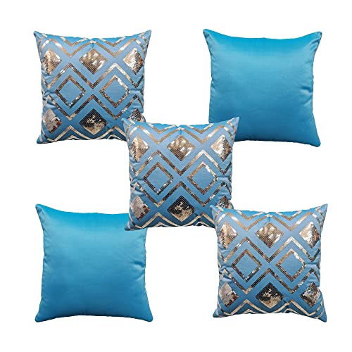 Image of Checks Blue Silver Sequin Cushion Covers Size - 40x40 (Pack of 5)