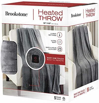 Brookstone Heated Throw product packaging showing features and a 5-year warranty badge