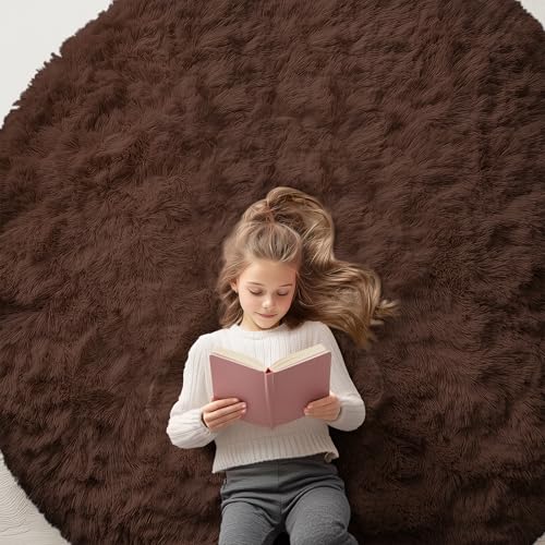 OLANLY Coffee Round Rugs for Bedroom - Machine Washable, 6 ft Circle Area Rugs for Living Room, Soft and Fluffy Shaggy Carpet for Teen Girls and Boys, Nursery Rooms, Dorms, Home Decor Aesthetic