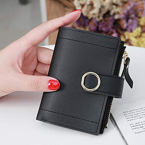Jennyfly Small Wallet Purse for Women, Fashion Women Girls Cute Short Style Clutch Zipper Wallet PU Leather Purse with Multiple Card Slots Small Purse with Wrist Strap for Shopping Travel - Black