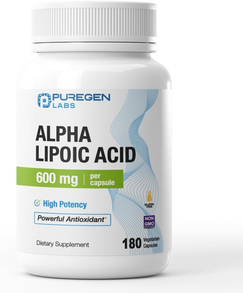 Puregen Labs Alpha Lipoic Acid 600mg [High Potency] 180 Servings - Antioxidant Support | No Harmful Additives | Non-GMO, NO Gluten and Dairy, 600 mg per Veggie Capsule