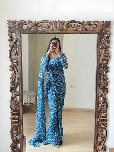 Image of StyleScope Women's Georgette Printed Lace Bordered Ready To Wear One Minute Saree With Print Unstitched Blouse Piece (RTW Mix Free Size)