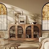 BELLEZE 65' Arched Sideboard with Glass Door, Accent Buffet Cabinet with Storage and Adjustable Shelves, Classic Modern Large Console Table for Dining Room Living Room Entryway (Camel)