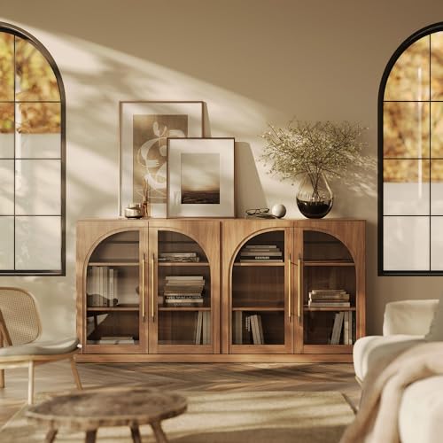 Image of BELLEZE 65 inch Arched Sideboard with Glass Door, Accent Buffet Cabinet with Storage and Adjustable Shelves, Classic Modern Large Console Table for Dining Room Living Room Entryway (Camel)