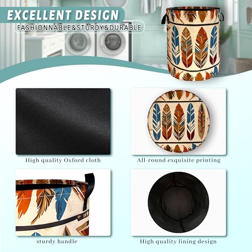 Image of Feather Laundry Basket Oxford Cloth Foldable Hamper 18.9x16.5 Inch | With Handle Tote Bag Colorful Boho Laundry Hamper Clothes Storage Bucket Toy Organizer For Bathroom /Laundry /Bedroom