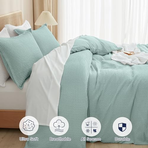 Image of PHF Waffle Weave Duvet Cover Set King Size, No Snagging Ultra Soft Luxury Textured Breathable Comforter Cover for All Season 3pcs, Durable Bedding Duvet Set with 2 Pillow Shams, 104 inchx90 inch, Aqua