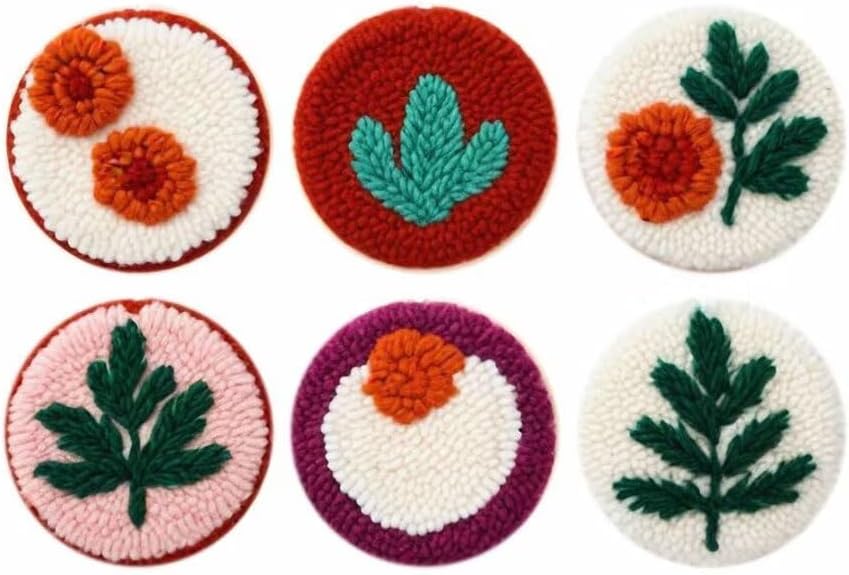 Punch Needle Coaster Kit 6 Patterns Leaves Tufted Rug Pads, DIY Needle Punch Coaster Kit for Adults Beginners with Adhesive Felt Yarns Embroidery Hoop Tools Instruction