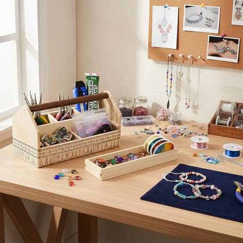 Image of Ikee Design Small Wooden 5-Compartment Craft Tool Box Caddy with Drawer and Handle, Desk Art Supply Storage Organizer for Craft Tools, Makeup Essentials, 10 W x 4.9 D x 5.5 H in
