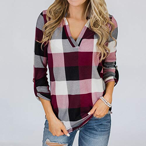 Women Long Sleeve Flannel Plaid T Shirts Pullover Sweatshirts Sexy V Neck Tops Casual Boyfriend Tunic Blouses Hoodies D-red