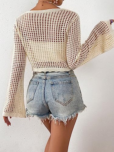SHENHE Women's Tie Front Tops Bell Long Sleeve Knit Crochet Cardigan Crop Top2
