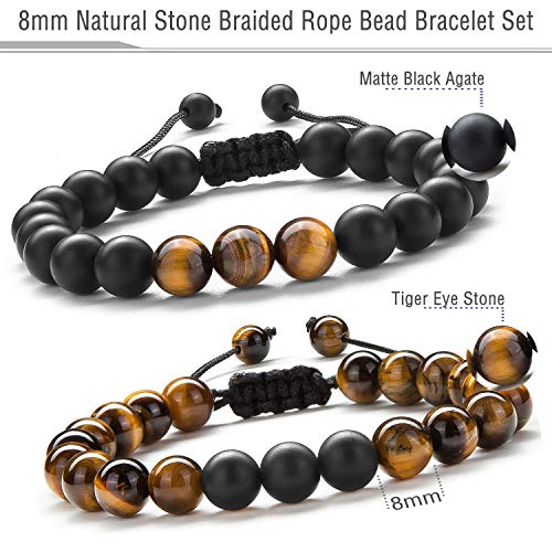 image for Hamoery Men Women 8mm Tiger Eye Stone Beads Bracelet Braided Rope Natu