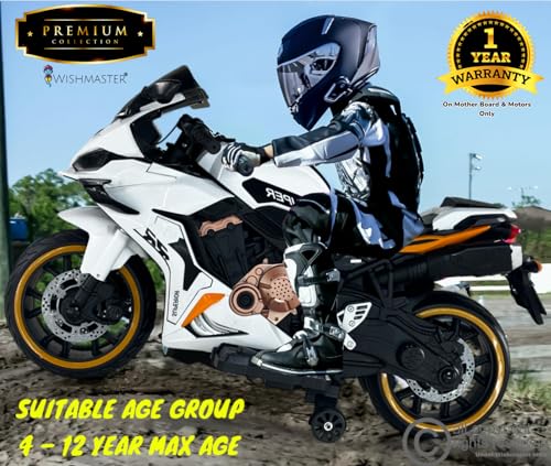 Image of Wishmaster Fully Assembled Double Seater Ride-On Bike for Kids 2-10 Years with LED Lights, Bluetooth Music, Realistic Sounds, Hand Accelerator, Foot Brake & 6 Months Motor Warranty