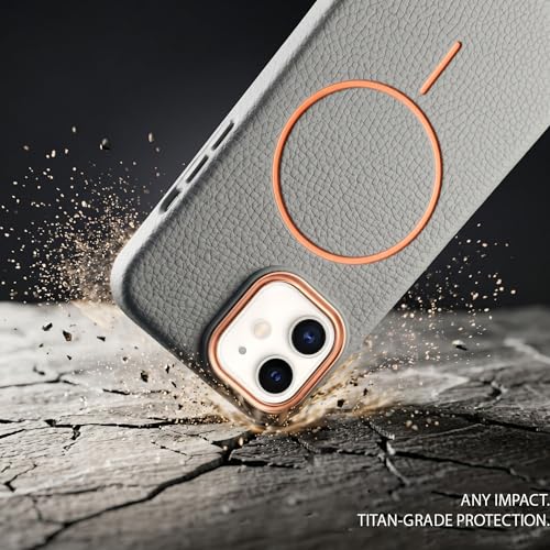 Image of amazon basics Luxury MagSafe Compatible Leather Texture Back Cover for iPhone 12 Pro | Raised Camera Protection | Slim Fit Shockproof Case with Metallic Accents (Gray)