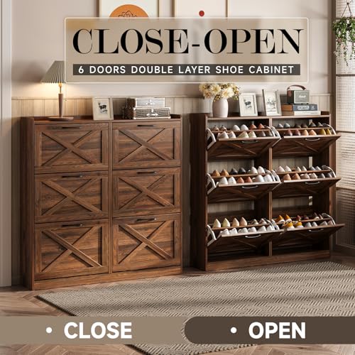 Image of Maupvit Large Shoe Storage Cabinet with 6 Flip Drawers, Freestanding Shoe Organizer with Metal Handles for Entryway, Narrow Shoe Rack Cabinet, Dark Walnut