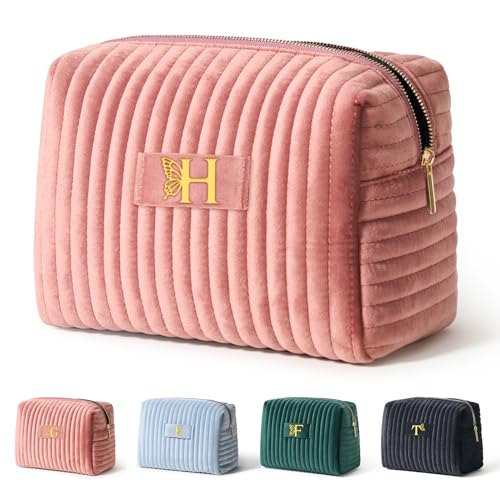 Image of COSHAYSOO Easter Basket Stuffers Essentials Gifts for Women Quilted Makeup Bag Make Up Cosmetic Pouch Travel Size Skin Care Toiletries Lip Balm Gloss Liner Oil Tint Organizer Pink Initial Letter H
