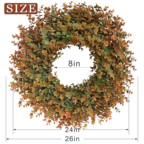 Image of 26 inch Large Fake Eucalyptus Fall Wreath for Front Door Decor(Orange-Green) | Artificial Outdoor Wreath, UV and Water Resistant, for Porch /Window /Wall /Farmhouse /Home /Thanksgiving Day /Autumn Decor