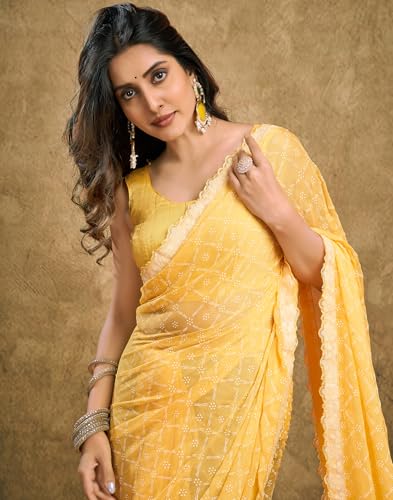 Image of SIRIL Women's Chiffon Bandhani Printed Saree With Unstitched Blouse Piece