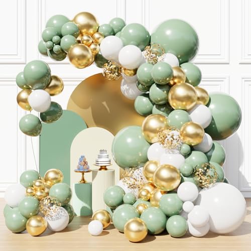 Image of Sage Green Balloon Arch Garland Kit, Sage Green White Gold Balloons for Boho Birthday Wedding Bridal Baby Shower Engagement Party Decorations