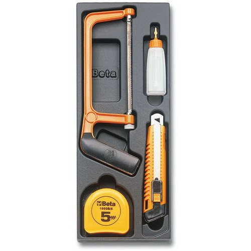 Beta 2424 T290 4 Piece Measuring Tape, Mini Hacksaw Frame, Plastic Oil Bottle and Utility Knife Assortment in Tray
