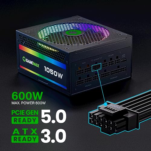 GAMEMAX 1050W ATX 3.0 & PCIE 5.0 Power Supply, 80+ Gold Certified, Addressable RGB Sync, Fully Modular ATX Gaming Power Supply, RGB-1050 - Image 6