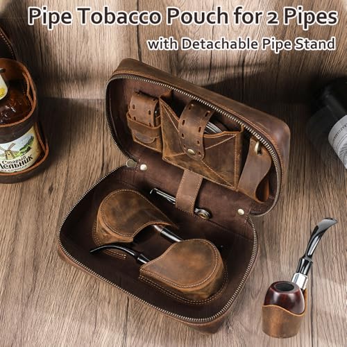 Pipe Tobacco Pouch with Pipe Stand Full Grain Leather Tobacco Pipe Accessories Bag Handmade Travel Organizer for 2 Pipes, Lighter, Cigarette - Image 3