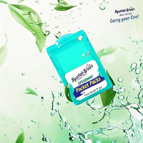 Image of Mountain Breeze Sugar-Free Spearmint Breath Strips - Instant Freshness. 24 Strips Per Cassette (Pack of 3), Oral Hygiene Mouth Freshener, 50 Grams NEW.
