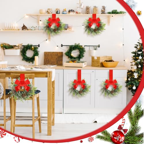 Image of Dingion 6 Pcs 6 Inch Christmas Mini Cabinet Wreaths for Kitchen with Ribbon Bows Norfolk Pine Small Window Wreaths Garland for Door Window Farmhouse Christmas Party Decorations