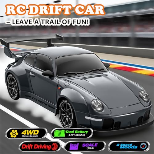 Image of RC Drift Car, 1:24 Scale Remote Control Vehicle with LED Lights,Drifting Tires&Two Batteries, Racing Sports Toy Idea Gift for Adults Boys Girls and Kids