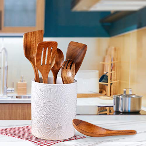 Ceramic Utensil Holder for Countertop, Large Utensil Holder Farmhouse Utensil Crock for Kitchen & Dining Table, White Cooking Utensil Holder,Relief Design with Sunflower Pattern