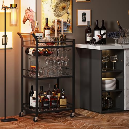 Image of TUTOTAK Bar Cart with 3 Mirrored Shelves, Wine Rack & Glass Holder | 3-Tier 18.5 Inch Wide Home Bar Serving Carts, Small Mobile Kitchen Shelf with 6 Hooks, Black BC01BK034