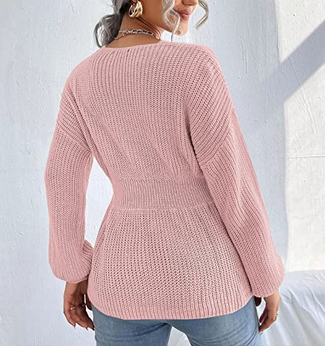 Image of Veatzaer Womens V Neck Sweaters Fall Trendy Casual Long Lantern Sleeve Ribbed Knit Pullover Sweater Tops