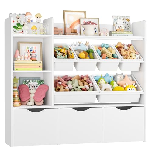Image of FACBOTALL Toy Storage Organizer with 3 Movable Drawers, Kids Bookshelf with 6 Plastic Bins & 2 Storage Cubbies, Toy Chest with Hidden Wheels, Toy Storage Box for Playroom, Classroom, Kids Room, White