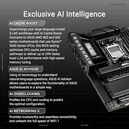 ASUS ROG Crosshair X870E Dark Hero AM5 ATX Motherboard, DDR5, DIMM Fit, WiFi 7, 10Gb & 5Gb LAN, PCIe 5.0, 5X M.2, 2X USB4, AIO Q-Connector