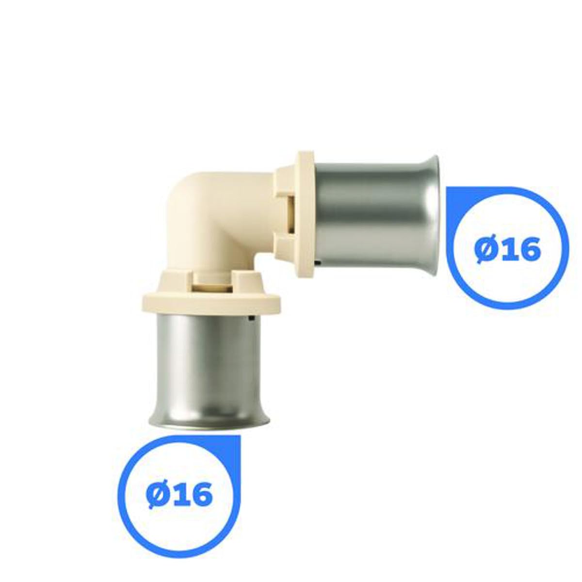 SOMATHERM FOR YOU, Raccord codo 90° multicapa Ø16 en PPSU, resistente a 134°C, sistema de multisertido, sellado reforzado, ventana de control - Tamaño Ø16