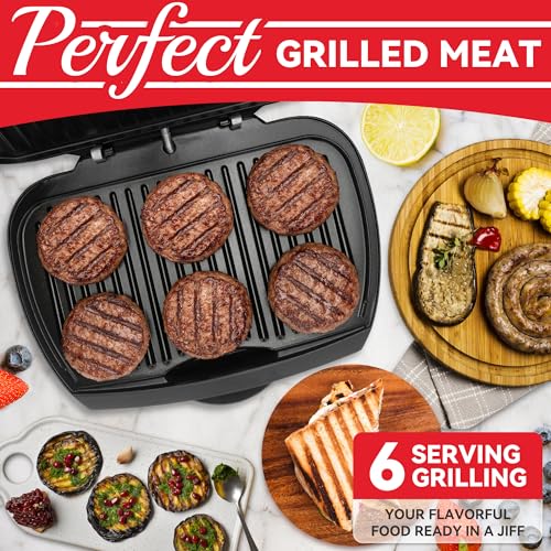 Image of SugarWhisk Family-sized Contact Grill, 6-Serving Electric Indoor Grill with Adjustable Temp Control, Ceramic Coating, 1500W, Graphite