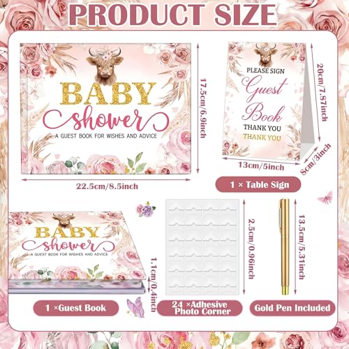 Image of Fuyoooo 27 Pcs Highland Cow Baby Shower Guest Book Set Baby Shower Sign in Guest Holy Cow Book Place Table Cards with Gold Pen Adhesive Photo Corner for Birthday Party