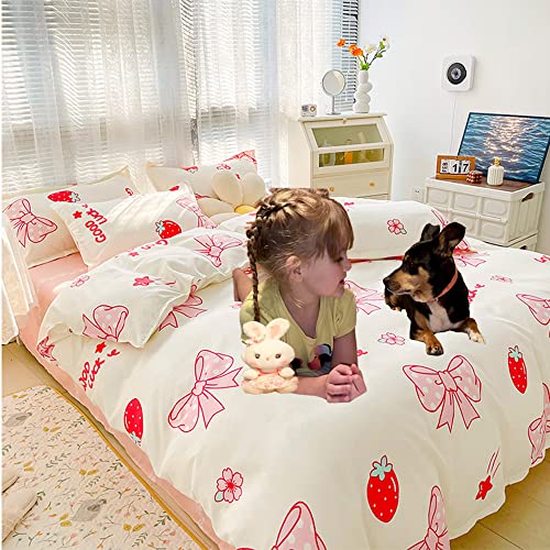 Oranfran Strawberry Duvet Cover Set,Kawaii Bedding Set,Pink Bow Duvet Cover,Twin Comforter Cover,Soft Breathable Reversible For Girls Women(White,Twin) #TOP1