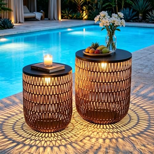 HMVPL Solar Outdoor Side Table Set of 2 with Dimmable Light Round Patio Side Table for Outside Outdoor End Accent Tables Waterproof Plastic Rattan Patio End Table for Backyard Gazebo Dusk to Dawn