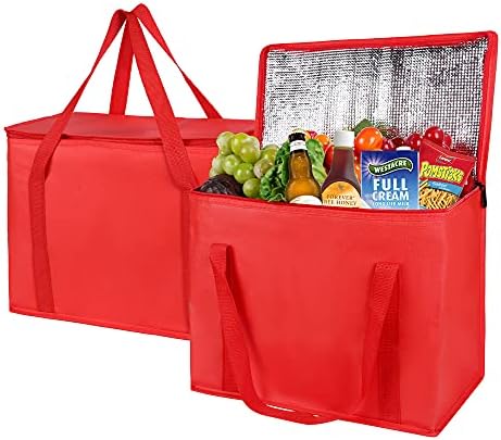 musbus 2-Pack XL-Large Insulated Grocery shopping bags, Red, Reusable, Heavy Duty, zipped zipper,Collapsible,tote,cooler,groceries,for car,Recycled Material Warm Foldable bag