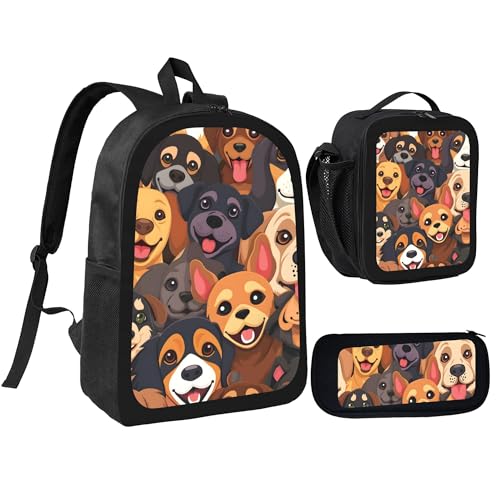 Cute Cartoon Animal Dog Large 3-Piece Backpack Set with Insulated Lunch Box & Pencil Case Waterproof 17 Inches Backpacks Bag Back Packs Pencil Pouch Lunch Bag for Men Women 3 Pcs (Black)